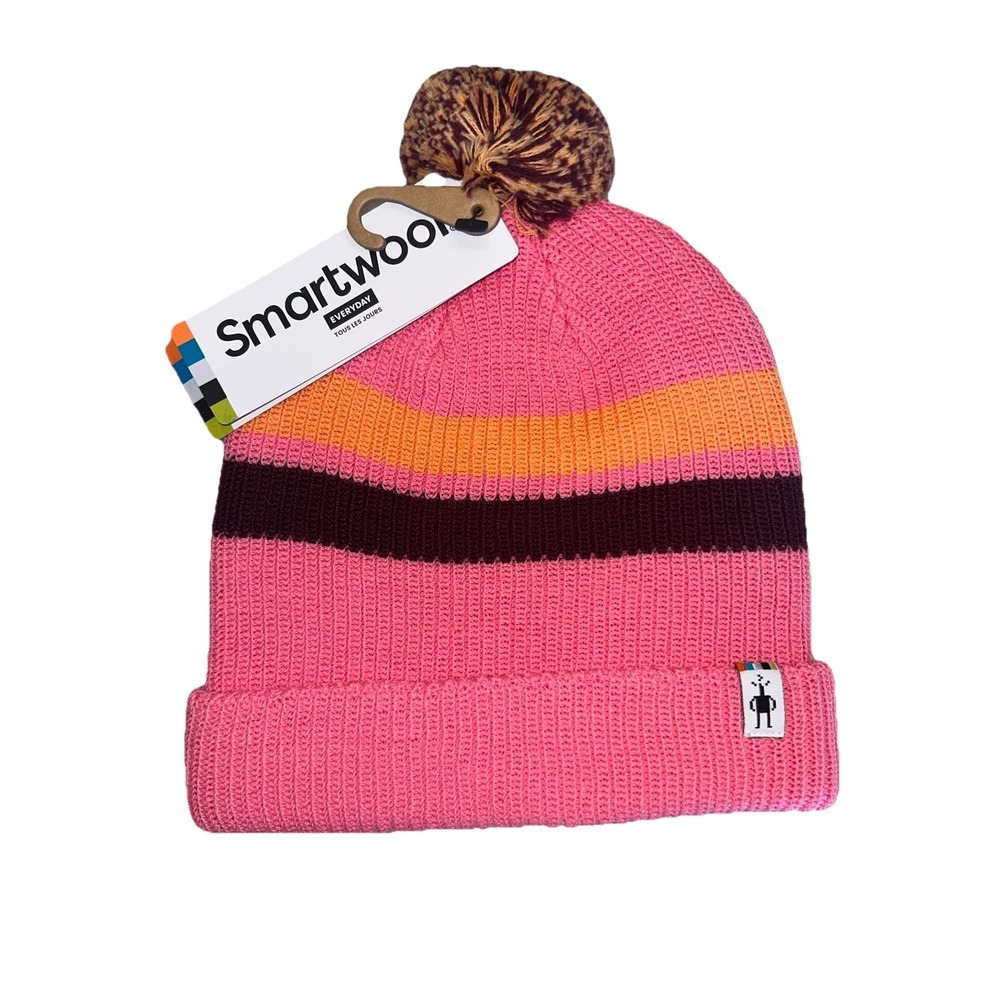 Smartwool Kids L/XL Merino Wool Stripe Pom Beanie Guava Pink NWT